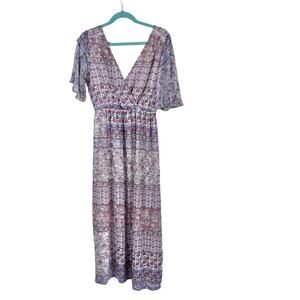 Lily Rose Women's Pink White Floral Boho V-neck Flutter Sleeve Maxi Dress Small